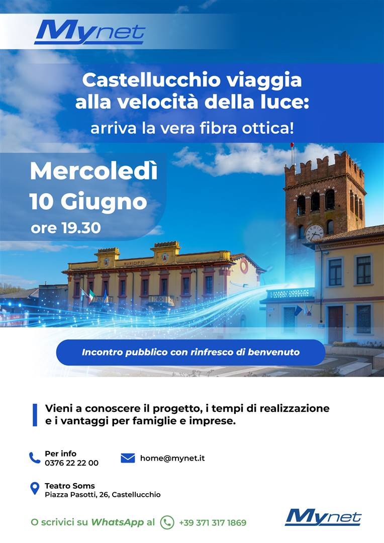 CASTELLUCCHIO VIAGGIA ALLA VELOCITÀ DELLA LUCE: DOMANI L’INCONTRO PUBBLICO CON MYNET SU FIBRA OTTICA