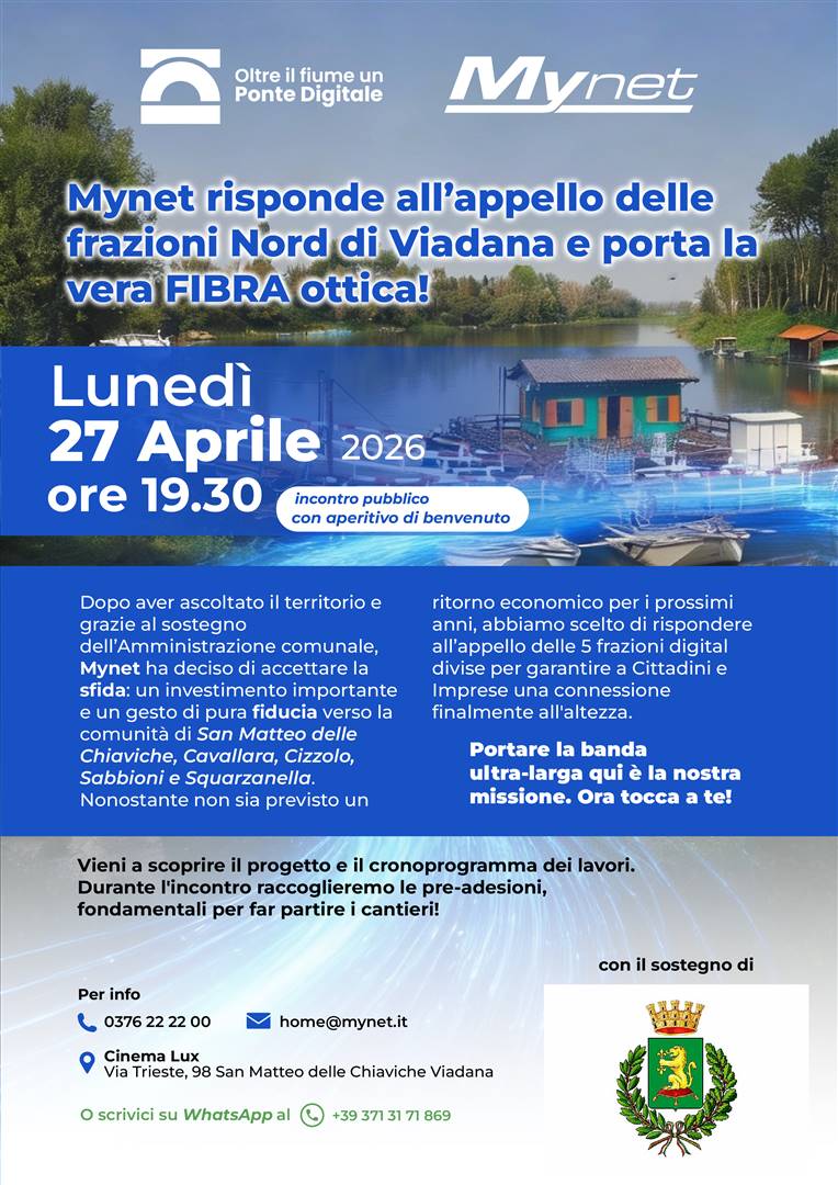 “OLTRE IL FIUME: UN PONTE DIGITALE”: MYNET INVESTE OLTRE 760MILA EURO PER LA FIBRA NELLE FRAZIONI NORD DI VIADANA