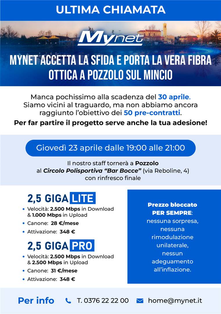 FIBRA OTTICA A POZZOLO SUL MINCIO: MYNET VERSO IL COMPLETAMENTO DELLE ADESIONI PER L’AVVIO DEI LAVORI